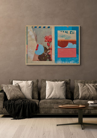 Pink Rose by Kareem Rizk in a light oak frame on a warm grey wall above a brown sofa