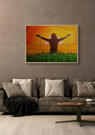 Vergebung by Olaf Baier in a pale wooden frame above a grey sofa with cushions