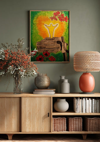Die Wiederauferstehung by Olaf Baier above a wooden sideboard on a sage green wall