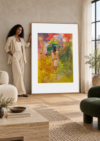 The weight of the world full colour by Madame Petit in a large pale frame leaning against a wall by a sunlit window