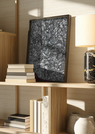 Resized Imagination by Priit Ruttas in a dark frame on a wooden shelf beside books and a lamp