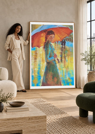 Woman with an Orange Umbrella by Mariia Nikolina in a large pale frame leaning against a wall by a sunlit window