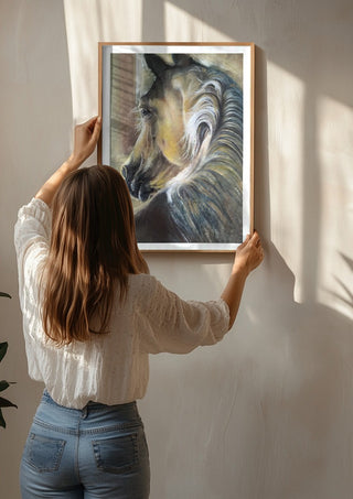 Day by Mariia Nikolina being hung on a sunlit wall