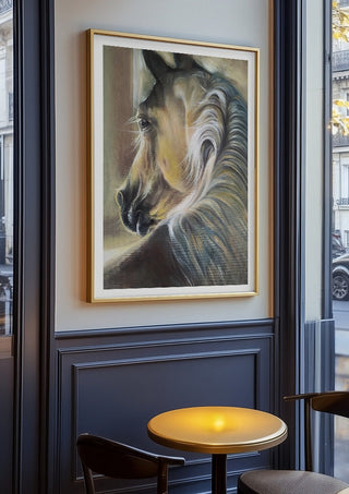 Day by Mariia Nikolina in an oak frame on a panelled cafe wall
