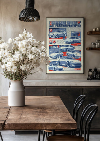 Nissan Fairlady Z Series by Kaminarirace in a black frame above a rustic table with white flowers
