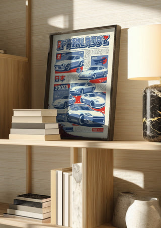 Nissan Fairlady Z Series by Kaminarirace in a dark frame on a wooden shelf beside books and a lamp