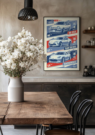 Toyota 86 Trilogy by Kaminarirace in a black frame above a rustic table with white flowers