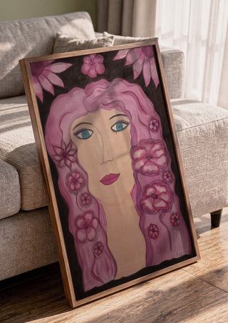 Flower Power by Carmen Coduri in a walnut frame leaning against a grey sofa