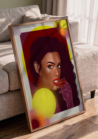 The Light is Coming by Sabrina Rosenblatt in a walnut frame leaning against a grey sofa