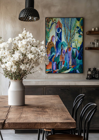 Otono by Carlos Enrique Gozalo Ara in a black frame above a rustic table with white flowers