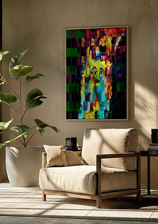 Zeus by Carlos Enrique Gozalo Ara framed above a beige armchair beside a potted plant