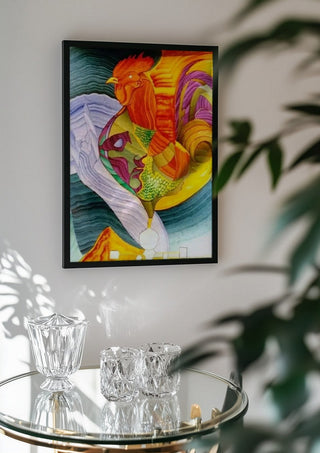 Eco by Carlos Enrique Gozalo Ara in a black frame above a glass table with crystal glassware