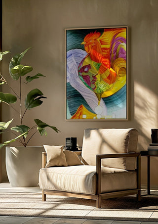 Eco by Carlos Enrique Gozalo Ara framed above a beige armchair beside a potted plant