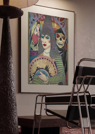 Mujer y muerte by Carlos Enrique Gozalo Ara framed in a dim room beside a tubular steel chair