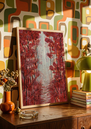 Into the Quiet by Maya in a wooden frame on a sideboard against a retro patterned wall