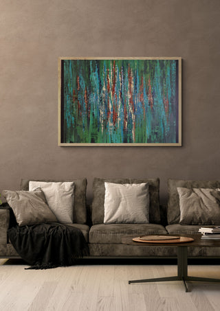 Green abstract 2 by Dina in a pale wooden frame above a grey sofa with cushions