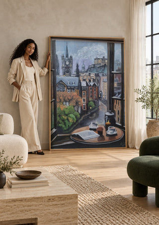 Rainy day by Dina in a tall wooden frame leaning against a wall in a sunlit room