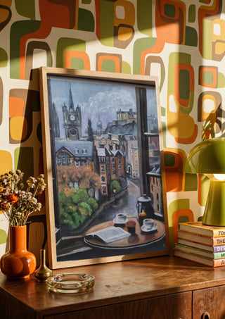 Rainy day by Dina in a wooden frame on a sideboard against a retro patterned wall