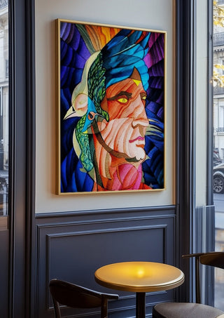 Adonis by Carlos Enrique Gozalo Ara in an oak frame on a panelled café wall