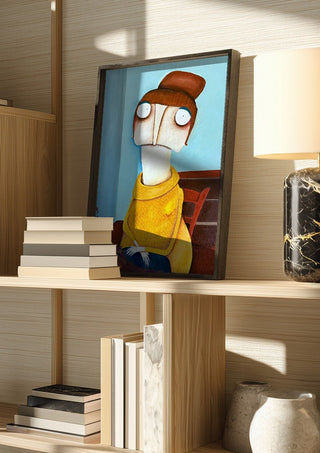 Die 12 Sündenfälle: Heuchelei by lacaluna in a dark frame on a wooden shelf beside books and a lamp