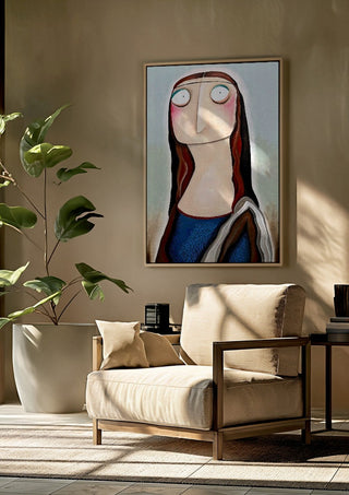 Mona Lisa by lacaluna framed above a beige armchair beside a potted plant