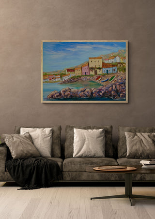 View of La Azohía village by PaKart in an oak frame above a grey sofa with cushions