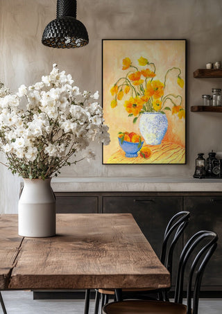 Poppies And Peaches by Deblina Dey in a black frame above a rustic table with white flowers