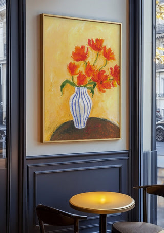 Tulips by Deblina Dey in an oak frame on a panelled cafe wall