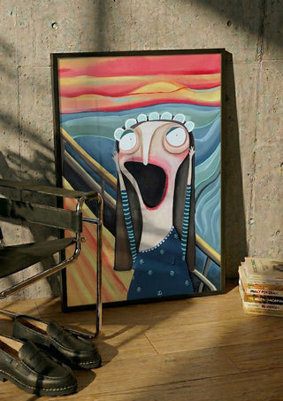 Der letzte Schrei by lacaluna in a black frame leaning against a concrete wall by a steel chair