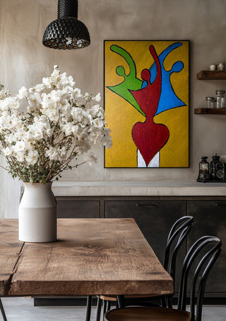 The Synthesis of Sel by Bibi in a black frame above a rustic table with white flowers