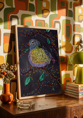 Digital Alchemy by Bibi in a wooden frame on a sideboard against retro patterned wallpaper
