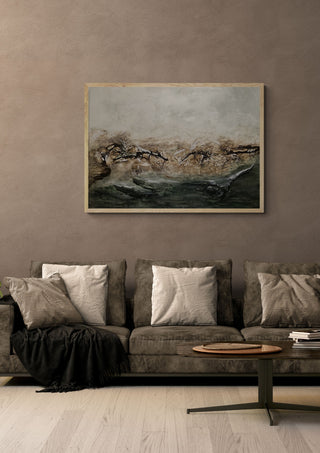 Breath of nature by Sabine Halbrock in an oak frame above a grey sofa with cushions