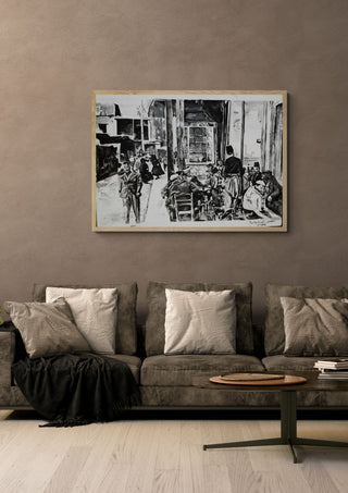 Maqha Al-Darwishia by Ammar in an oak frame above a grey sofa with cushions
