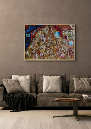 Leeds Train Station by Will Black in an oak frame above a grey sofa with cushions
