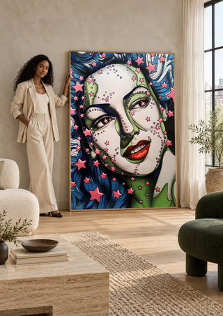 StarLady by Okiana leaning against a sunlit living room wall beside a woman