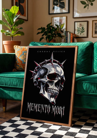 Memento Mori by Melancholy Machinations leaning against a green velvet sofa on a chequered floor