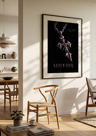 Sacred Steel by Melancholy Machinations in a black frame in a bright dining room with wooden chairs