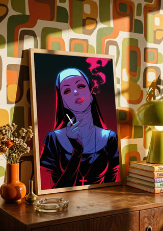 I don't care by Melancholy Machinations leaning on a wooden sideboard against retro patterned wallpaper