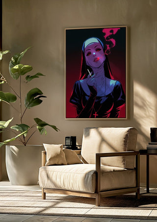 I don't care by Melancholy Machinations framed above a beige armchair beside a potted plant
