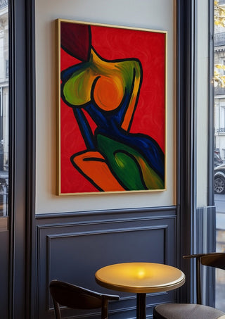 Anatomy of Introspection by Bibi in an oak frame on a panelled cafe wall