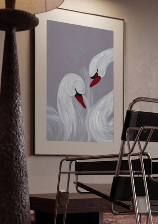 The Swirl of Us by Bibi framed in a dim room beside a tubular steel chair