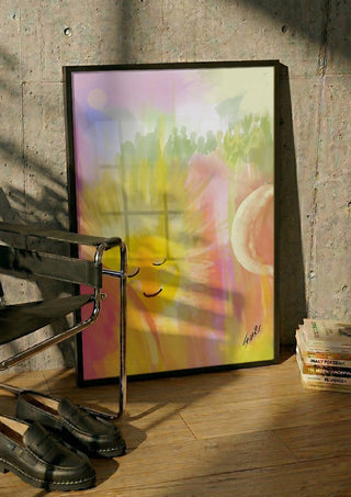 Let the sunshine in by FridaRit in a black frame leaning against a concrete wall by a steel chair