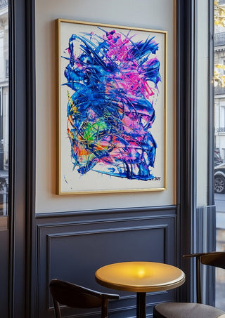 Electric Bloom by Ronald Rumell in an oak frame on a panelled cafe wall