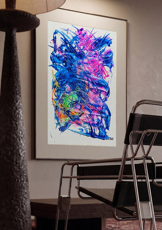 Electric Bloom by Ronald Rumell framed in a dim room beside a tubular steel chair