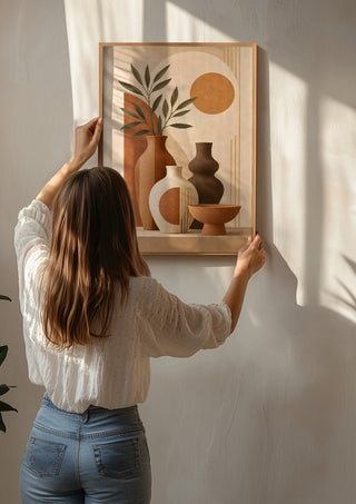 Earth Tone Still Life with Ceramic Vases by TimlessArtworks being hung on a sunlit wall