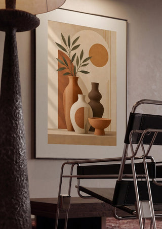 Earth Tone Still Life with Ceramic Vases by TimlessArtworks framed in a dim room beside a tubular steel chair