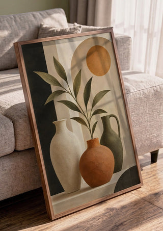Terracotta Vase and Greenery by TimlessArtworks in a walnut frame leaning against a grey sofa