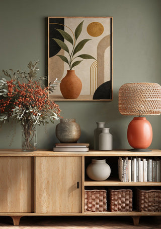 Terracotta Vase with Green Leaves by TimlessArtworks above a wooden sideboard on a sage green wall