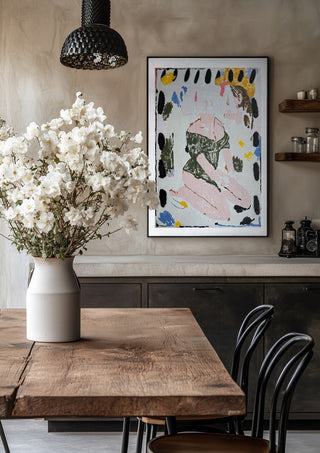 VISA OWNS MY EYES by Oscar Birch in a black frame above a rustic table with white flowers