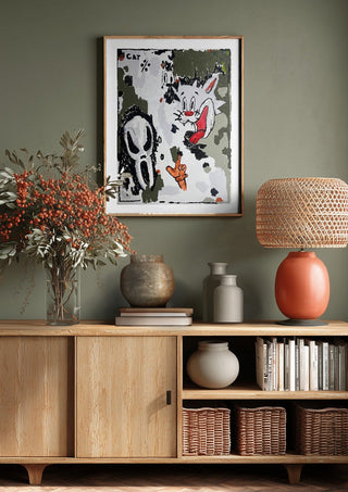 BALLER’INA ESCORT by Oscar Birch above a wooden sideboard on a sage green wall